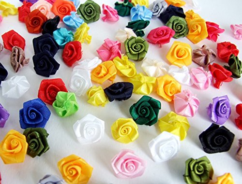 100 Assorted Tiny Satin Ribbon Rose Bows Diameter 10 mm. Tiny Embellishment Craft Artificial Applique Wedding