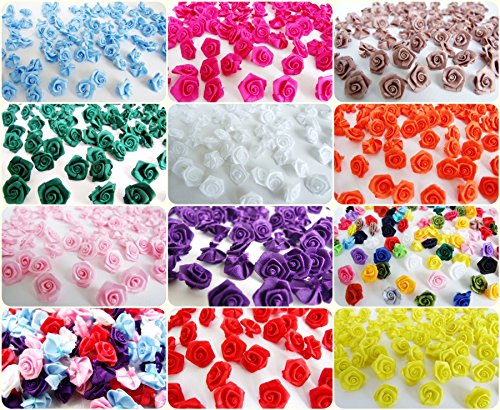 100 Assorted Tiny Satin Ribbon Rose Bows Diameter 10 mm. Tiny Embellishment Craft Artificial Applique Wedding