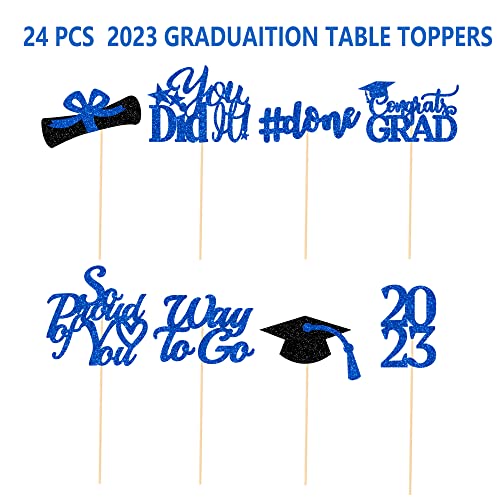 Graduation Centerpieces for Tables 2023 Blue, Glitter Class of 2023 Graduation Table Decorations, High School Graduation Party Centerpiece Sticks Supplies, Graduation Party Decorations 2023 Blue, 24Pcs