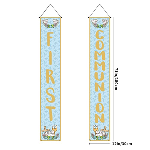 Blue First Communion Decorations Confirmation Porch Banner Baptism Front Porch Sign Christening 1st Communion Decoration and Supplies for Boys-12×71''