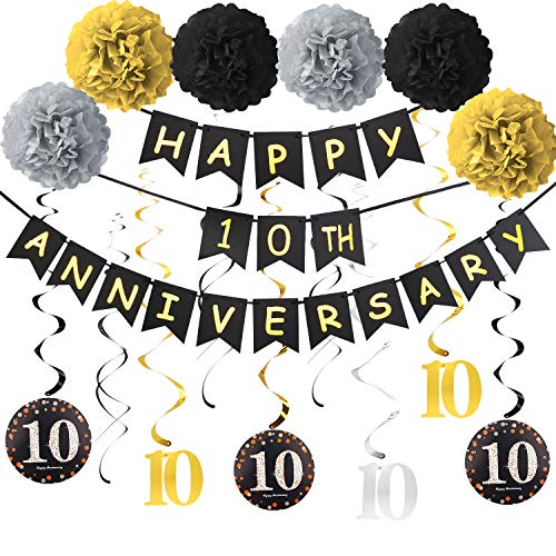 Yoaokiy 10 Year Anniversary Decorations Supplies Kit - Happy 10th Anniversary Banner, 9 Hanging Swirls, 6 Poms - 10th Wedding Anniversary Party Decorations…