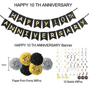 Yoaokiy 10 Year Anniversary Decorations Supplies Kit - Happy 10th Anniversary Banner, 9 Hanging Swirls, 6 Poms - 10th Wedding Anniversary Party Decorations…