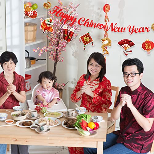 5 Pcs Happy Chinese New Year Banner Lunar New Year Decoration 2023 Pre Assembled Spring Festival Hanging Wall Decor for Home Office Party Supplies Party Photo Background