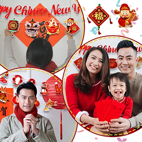 5 Pcs Happy Chinese New Year Banner Lunar New Year Decoration 2023 Pre Assembled Spring Festival Hanging Wall Decor for Home Office Party Supplies Party Photo Background