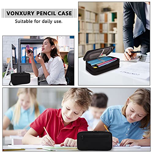 Pencil Case, VX VONXURY Large Pencil Pouch with 2 Zipper Compartments Stationery Organizer Cosmetic Makeup Bag for School,Office Black 