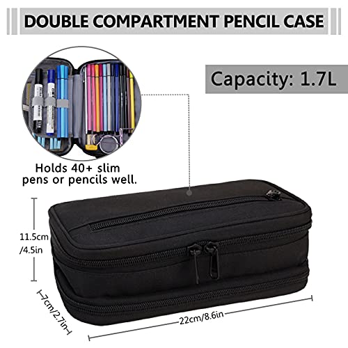 Pencil Case, VX VONXURY Large Pencil Pouch with 2 Zipper Compartments Stationery Organizer Cosmetic Makeup Bag for School,Office Black 