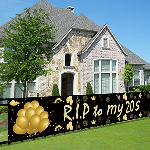 Joyiou R.I.P To My 20s Happy 30th Birthday Decorations Banner for Men Women, 30 Year Old Birthday Party Black Gold Sign Supplies, 30 Birthday Photo Booth Props Backdrop (9.8x1.6ft)