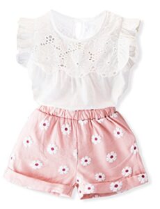 oklady toddler girl clothes ruffle floral embroidery shirt and shorts set (pink-a, 3-4 t)