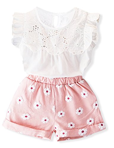 oklady Toddler Girl Clothes Ruffle Floral Embroidery Shirt and Shorts Set (Pink-A, 3-4 T)