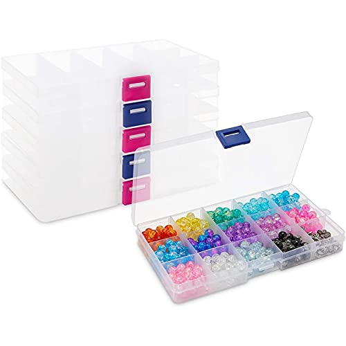 Bead Storage Containers, Jewelry Organizer with Lids, 15 Grid, Dividers (6.9 x 3.9 in, 6 Pack)