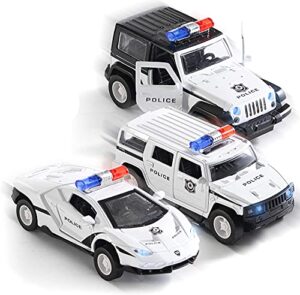 top race metal die cast police cars pull back battery powered with led headlights police truck and sirens 1:32 scale set of 3 – die cast metal toy cars hot wheels police cars