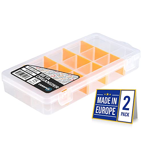 CANOPUS 15-Grid Clear Plastic Compartment Box with Adjustable Dividers, Small Parts Storage and Organizer Case for Craft, Jewelry, Beads, Tiny Tools and Parts, (2 Set), 7.8 x 4.0 x 1.2 inch, Clear