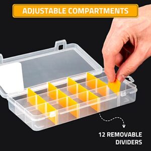 CANOPUS 15-Grid Clear Plastic Compartment Box with Adjustable Dividers, Small Parts Storage and Organizer Case for Craft, Jewelry, Beads, Tiny Tools and Parts, (2 Set), 7.8 x 4.0 x 1.2 inch, Clear