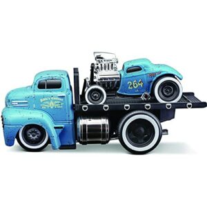 1950 coe flatbed truck & 1933 3w coupe #264 matt light blue w/graphics (weathered) pablo’s customs 1/64 diecast model cars by muscle machines 11533