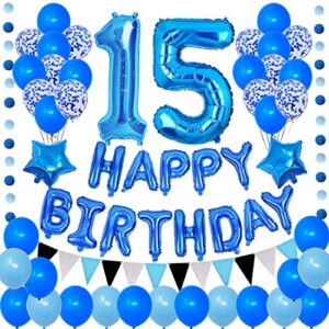 Succris 15TH Blue Theme for 15 Years Old Birthday Party Supplies Blue Happy Birthday Banner Blue Circle Dots Garland Paper Hanging Triangle Flag Banner Confetti balloons Number 15 Blue