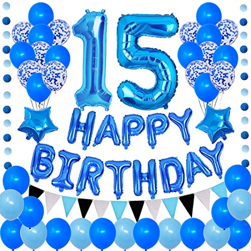Succris 15TH Blue Theme for 15 Years Old Birthday Party Supplies Blue Happy Birthday Banner Blue Circle Dots Garland Paper Hanging Triangle Flag Banner Confetti balloons Number 15 Blue