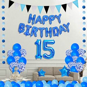 Succris 15TH Blue Theme for 15 Years Old Birthday Party Supplies Blue Happy Birthday Banner Blue Circle Dots Garland Paper Hanging Triangle Flag Banner Confetti balloons Number 15 Blue