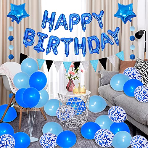 Succris 15TH Blue Theme for 15 Years Old Birthday Party Supplies Blue Happy Birthday Banner Blue Circle Dots Garland Paper Hanging Triangle Flag Banner Confetti balloons Number 15 Blue