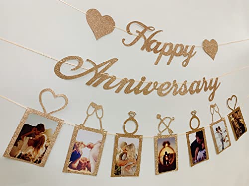 Rose Gold Happy Anniversary Party Decorations - Happy Anniversary Banner and Photo Banner for Wedding Anniversary Party decor