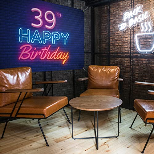 Glow Neon Happy 39th Birthday Backdrop Banner Decor Black – Colorful Glowing 39 Years Old Birthday Party Theme Decorations for Men Women Supplies
