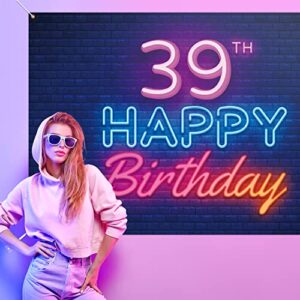 Glow Neon Happy 39th Birthday Backdrop Banner Decor Black – Colorful Glowing 39 Years Old Birthday Party Theme Decorations for Men Women Supplies