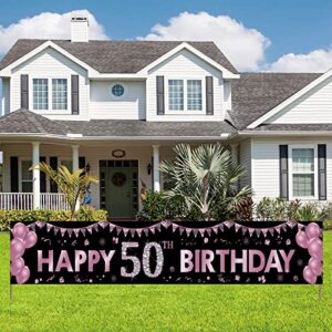 large 50th birthday banner decorations, purple happy 50 birthday party supplies for girls, fifty birthday outdoor yard sign decor (9.8×1.6ft)