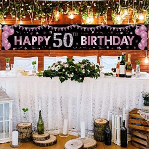 Large 50th Birthday Banner Decorations, Purple Happy 50 Birthday Party Supplies for Girls, Fifty Birthday Outdoor Yard Sign Decor (9.8x1.6ft)