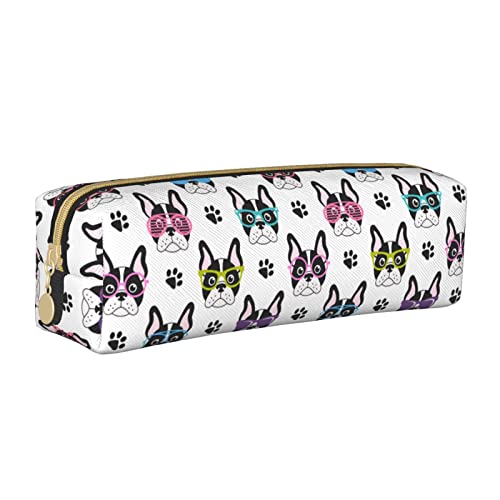 French Bulldog Dog Paw Leather Pencil Case Bag with Zipper Women Makeup Bag Durable Portable Suitable for School Work and Office 8.3 x 2.2 In