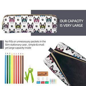 French Bulldog Dog Paw Leather Pencil Case Bag with Zipper Women Makeup Bag Durable Portable Suitable for School Work and Office 8.3 x 2.2 In