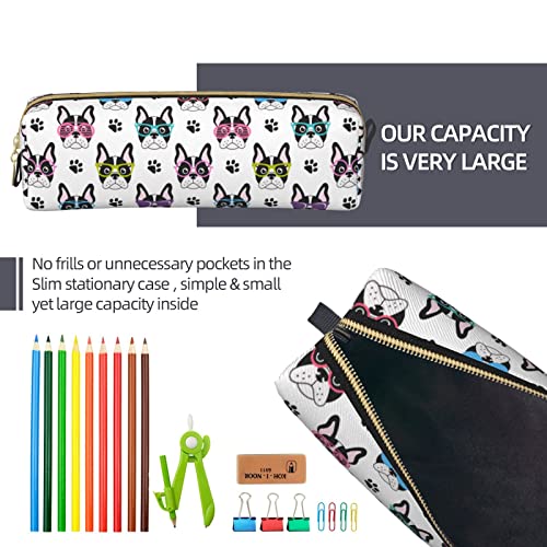 French Bulldog Dog Paw Leather Pencil Case Bag with Zipper Women Makeup Bag Durable Portable Suitable for School Work and Office 8.3 x 2.2 In