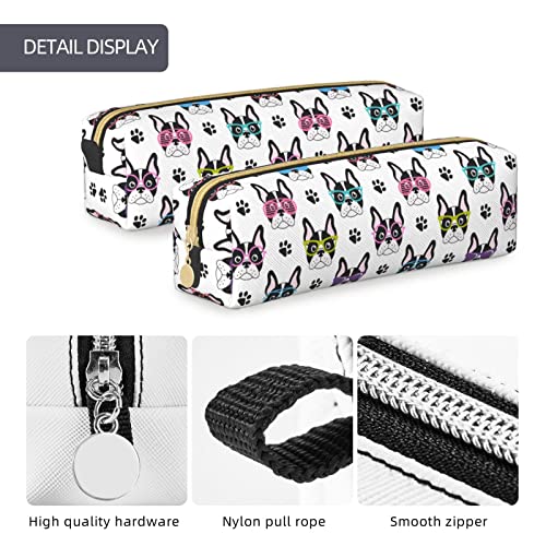 French Bulldog Dog Paw Leather Pencil Case Bag with Zipper Women Makeup Bag Durable Portable Suitable for School Work and Office 8.3 x 2.2 In