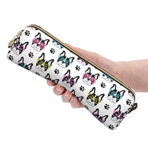 French Bulldog Dog Paw Leather Pencil Case Bag with Zipper Women Makeup Bag Durable Portable Suitable for School Work and Office 8.3 x 2.2 In