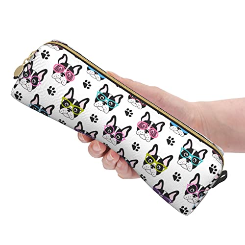 French Bulldog Dog Paw Leather Pencil Case Bag with Zipper Women Makeup Bag Durable Portable Suitable for School Work and Office 8.3 x 2.2 In