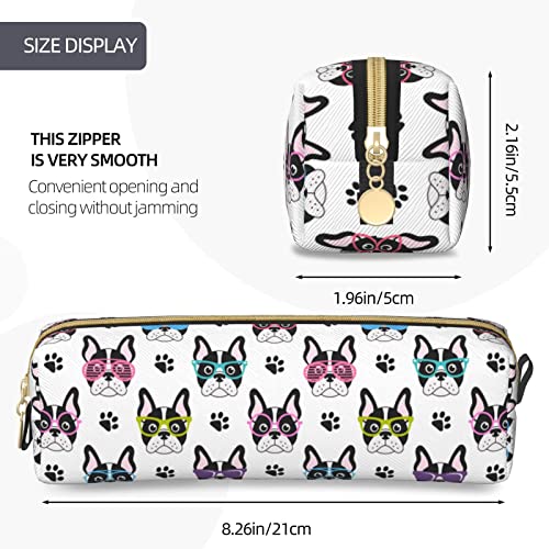 French Bulldog Dog Paw Leather Pencil Case Bag with Zipper Women Makeup Bag Durable Portable Suitable for School Work and Office 8.3 x 2.2 In