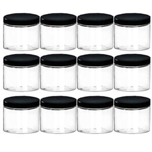 18.9oz (560 ml) empty clear wide mouth plastic jars with smooth black lids and labels (12 pack) – pet containers great for cream,cosmetics,slime storage jars –bpa free