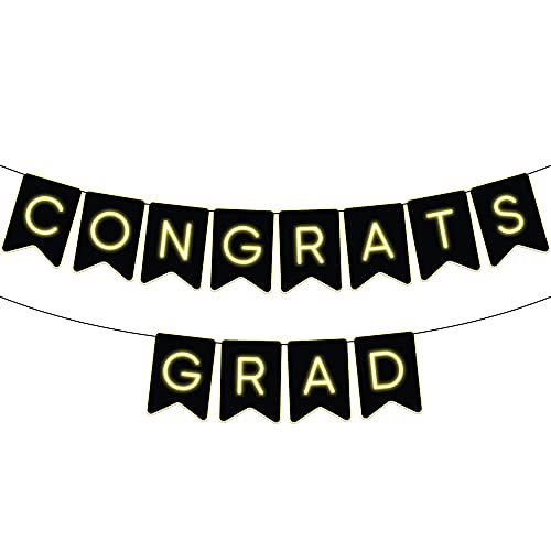 Black, Gold and Silver Star Hanging Swirls - Pack of 30, No DIY | Neon Glow, Congrats Grad Banner - NO DIY, 10 Feet Congrats Banner | Neon Effect Congratulations Banner | Black and Gold Grad Party