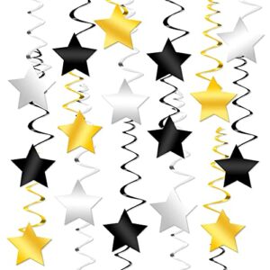 Black, Gold and Silver Star Hanging Swirls - Pack of 30, No DIY | Neon Glow, Congrats Grad Banner - NO DIY, 10 Feet Congrats Banner | Neon Effect Congratulations Banner | Black and Gold Grad Party