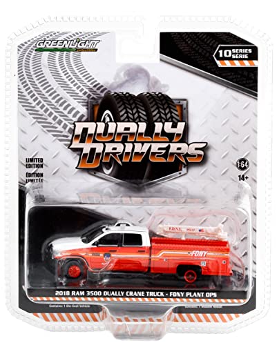 Greenlight 46100-D Dually Drivers Series 10 - 2018 Ram 3500 Dually Crane Truck - FDNY (The Official Fire Department City of New York) Plant Ops 1:64 Scale Diecast