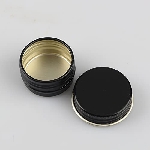 DLIBUY 100 Pcs 5ml 5g Empty Round Glossy Black Aluminum Tin Jars with Screw Lids Cosmetics Lip Balm Containers Pots for DIY Candle Salve Powder Crafts Storage Cans 3x Alu Spoon, 100x Ø 2cm Labels