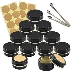 DLIBUY 100 Pcs 5ml 5g Empty Round Glossy Black Aluminum Tin Jars with Screw Lids Cosmetics Lip Balm Containers Pots for DIY Candle Salve Powder Crafts Storage Cans 3x Alu Spoon, 100x Ø 2cm Labels