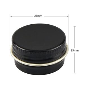 DLIBUY 100 Pcs 5ml 5g Empty Round Glossy Black Aluminum Tin Jars with Screw Lids Cosmetics Lip Balm Containers Pots for DIY Candle Salve Powder Crafts Storage Cans 3x Alu Spoon, 100x Ø 2cm Labels