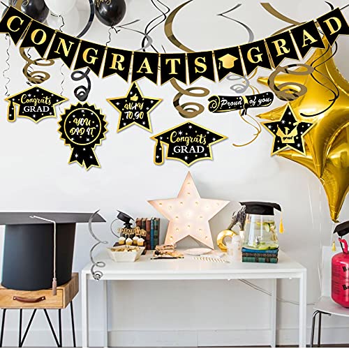 Graduation Hanging Swirl Banner Decorations Black Gold Star Banner Garland Party Supplies