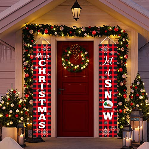 KMUYSL Christmas Decorations - Hanging Xmas Decoration for Home - Merry Christmas Let It Snow Red Black Buffalo Banners for Indoor Outdoor Front Door Party Wall Decor