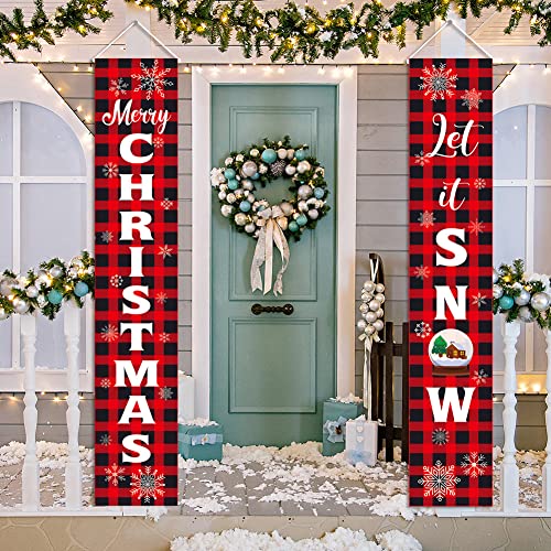 KMUYSL Christmas Decorations - Hanging Xmas Decoration for Home - Merry Christmas Let It Snow Red Black Buffalo Banners for Indoor Outdoor Front Door Party Wall Decor