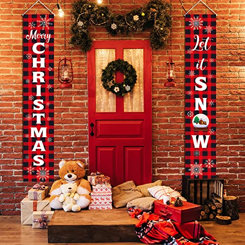 KMUYSL Christmas Decorations - Hanging Xmas Decoration for Home - Merry Christmas Let It Snow Red Black Buffalo Banners for Indoor Outdoor Front Door Party Wall Decor