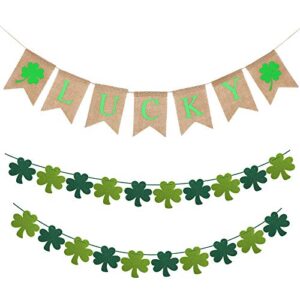 3 pieces st patrick’s day garland banner decorations lucky burlap banner shamrock irish leaf clover banner rustic felt hanging banner for mantel fireplace indoor outdoor saint party decor supplies