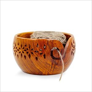 rosewood crafted wooden yarn storage bowl with carved holes & drills | knitting crochet accessories | nagina international (xl)