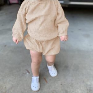 JELLYKIDS Toddler Unisex Baby Shorts Outfits Long Sleeve Cotton Linen Shirt Top+bloomer Shorts Summer 2pcs Clothes Set