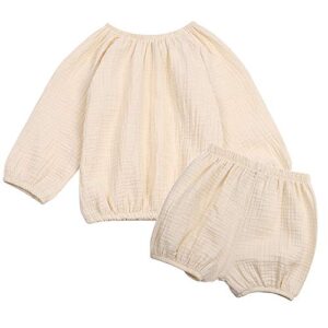jellykids toddler unisex baby shorts outfits long sleeve cotton linen shirt top+bloomer shorts summer 2pcs clothes set