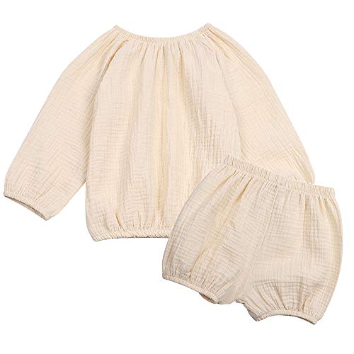 JELLYKIDS Toddler Unisex Baby Shorts Outfits Long Sleeve Cotton Linen Shirt Top+bloomer Shorts Summer 2pcs Clothes Set